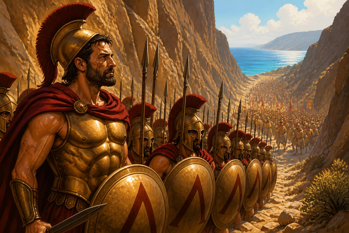 King Leonidas leading three hundred Spartans at the narrow pass of Thermopylae