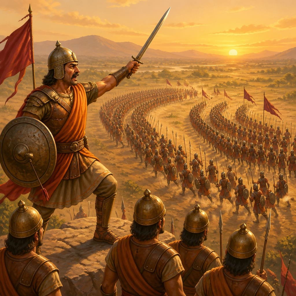 Bhadrasena ordering vyuha-parivartanam mid-battle as his infantry shifts formation