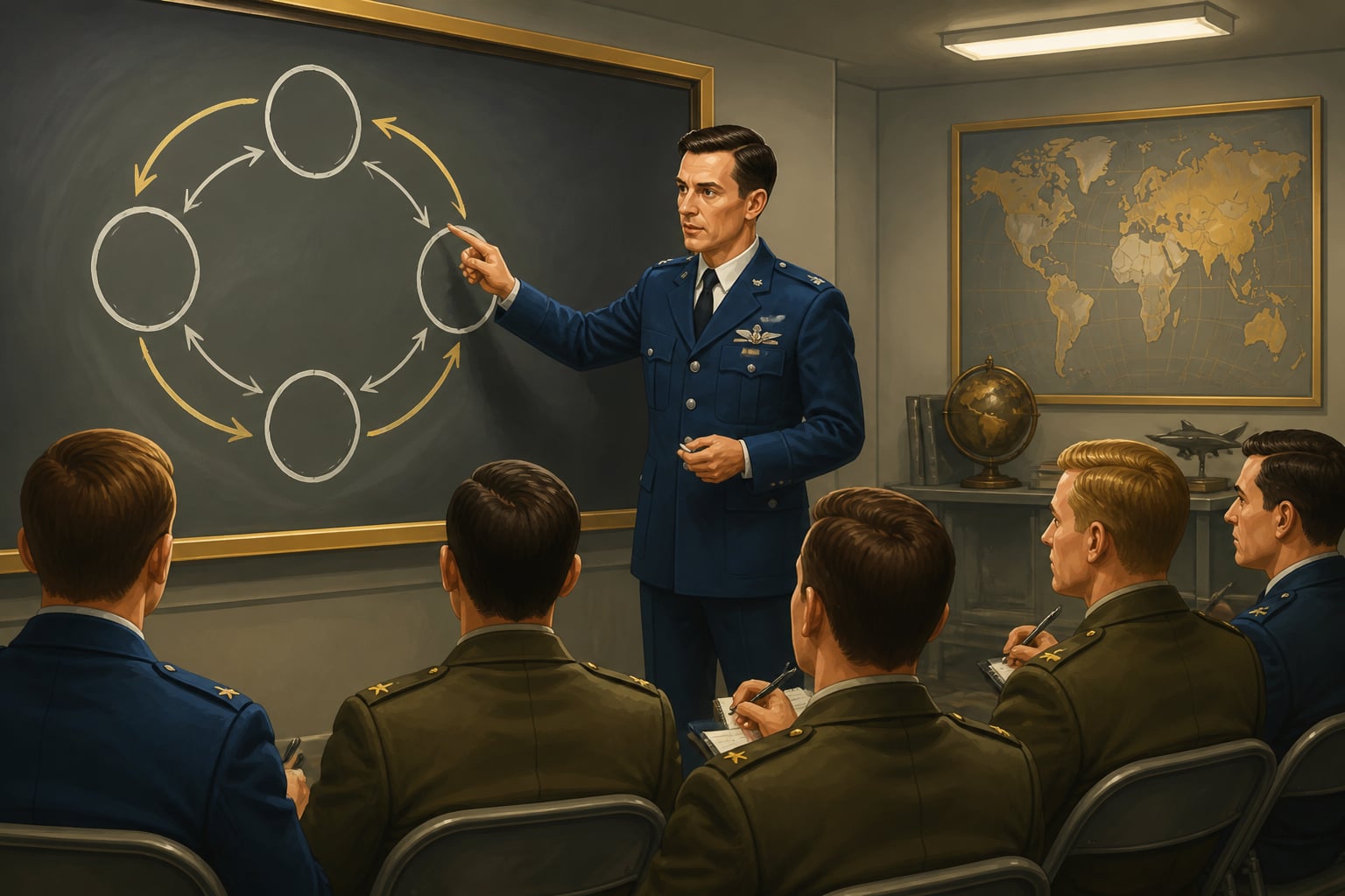 Colonel John Boyd lecturing the OODA Loop at a Pentagon chalkboard in the 1980s