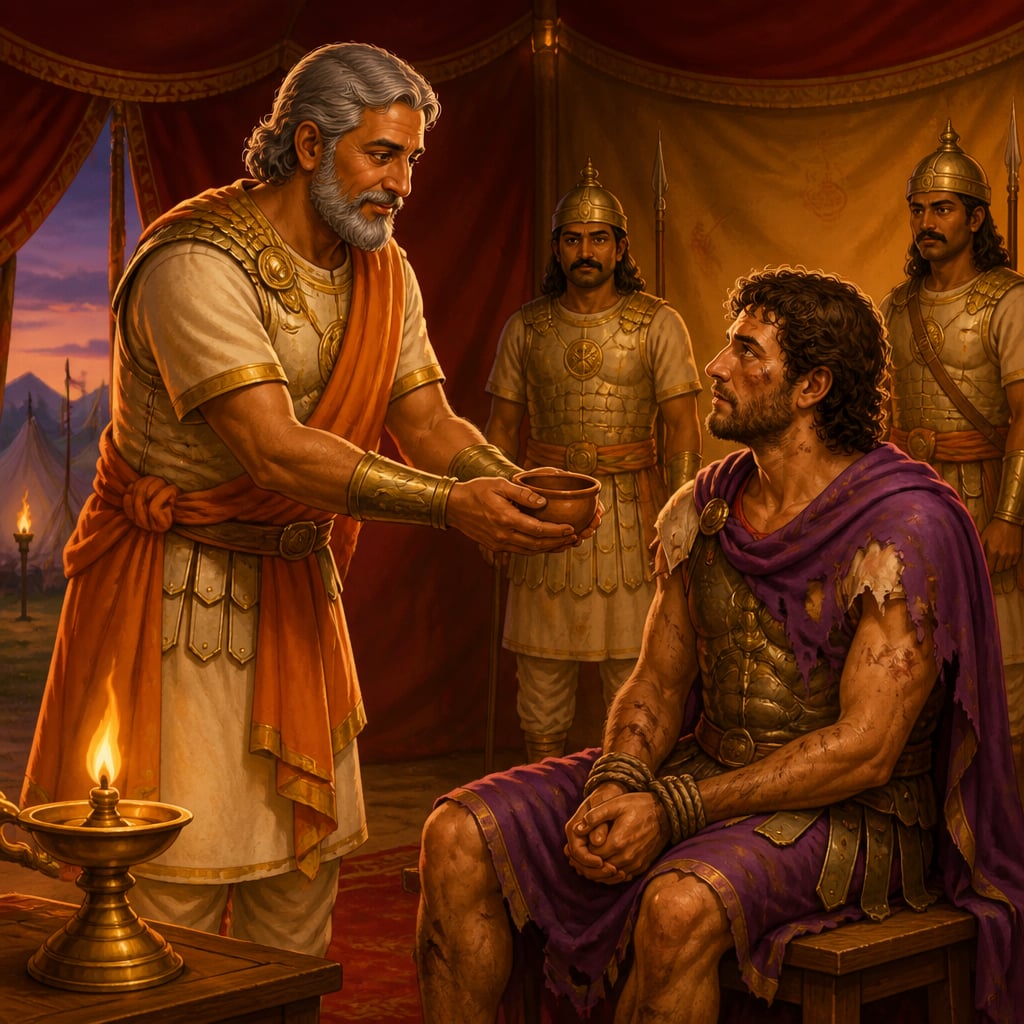 Commander Bhadrasena offering water to a captured enemy officer in his command tent
