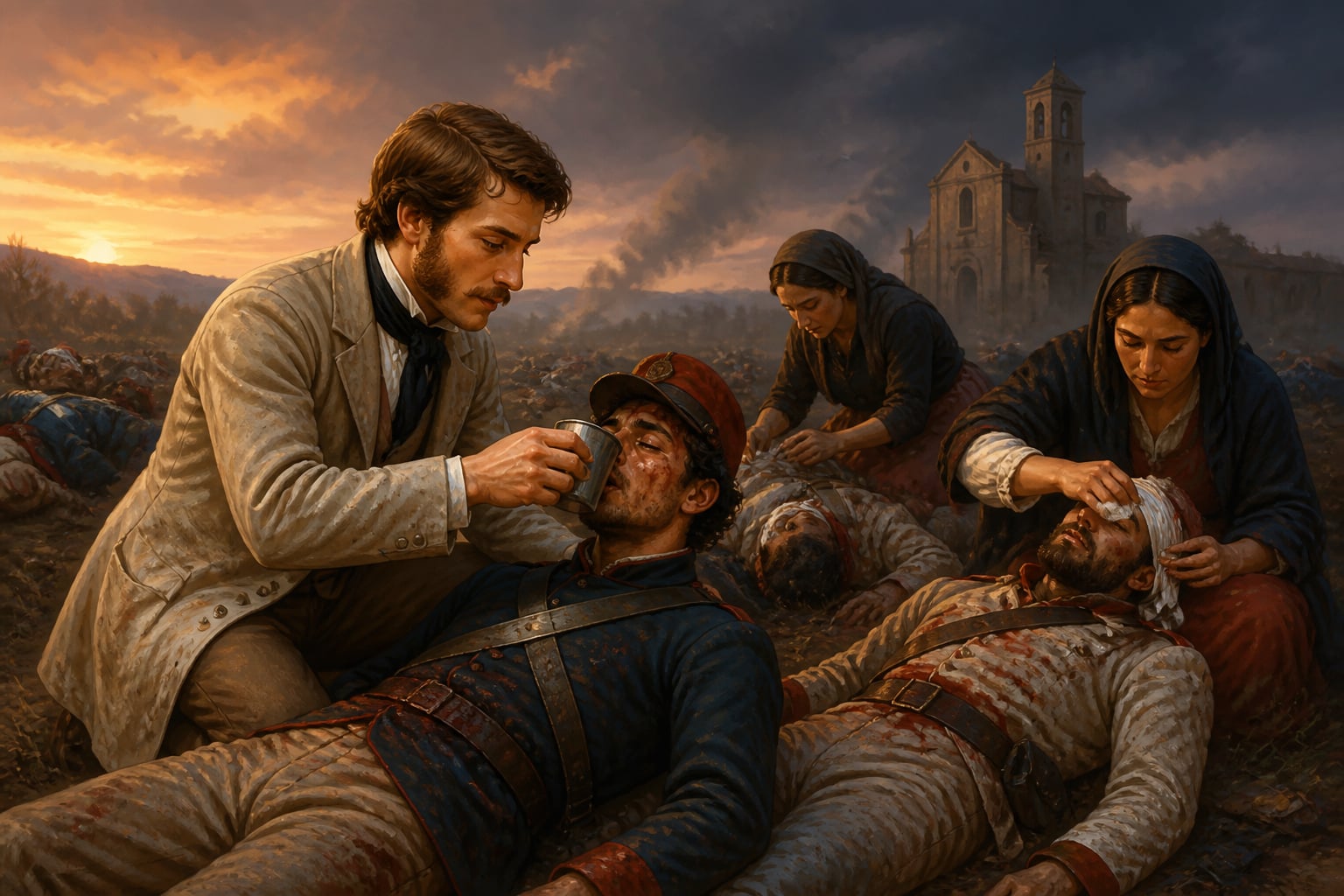 Henry Dunant tending wounded soldiers on the field after the 1859 Battle of Solferino