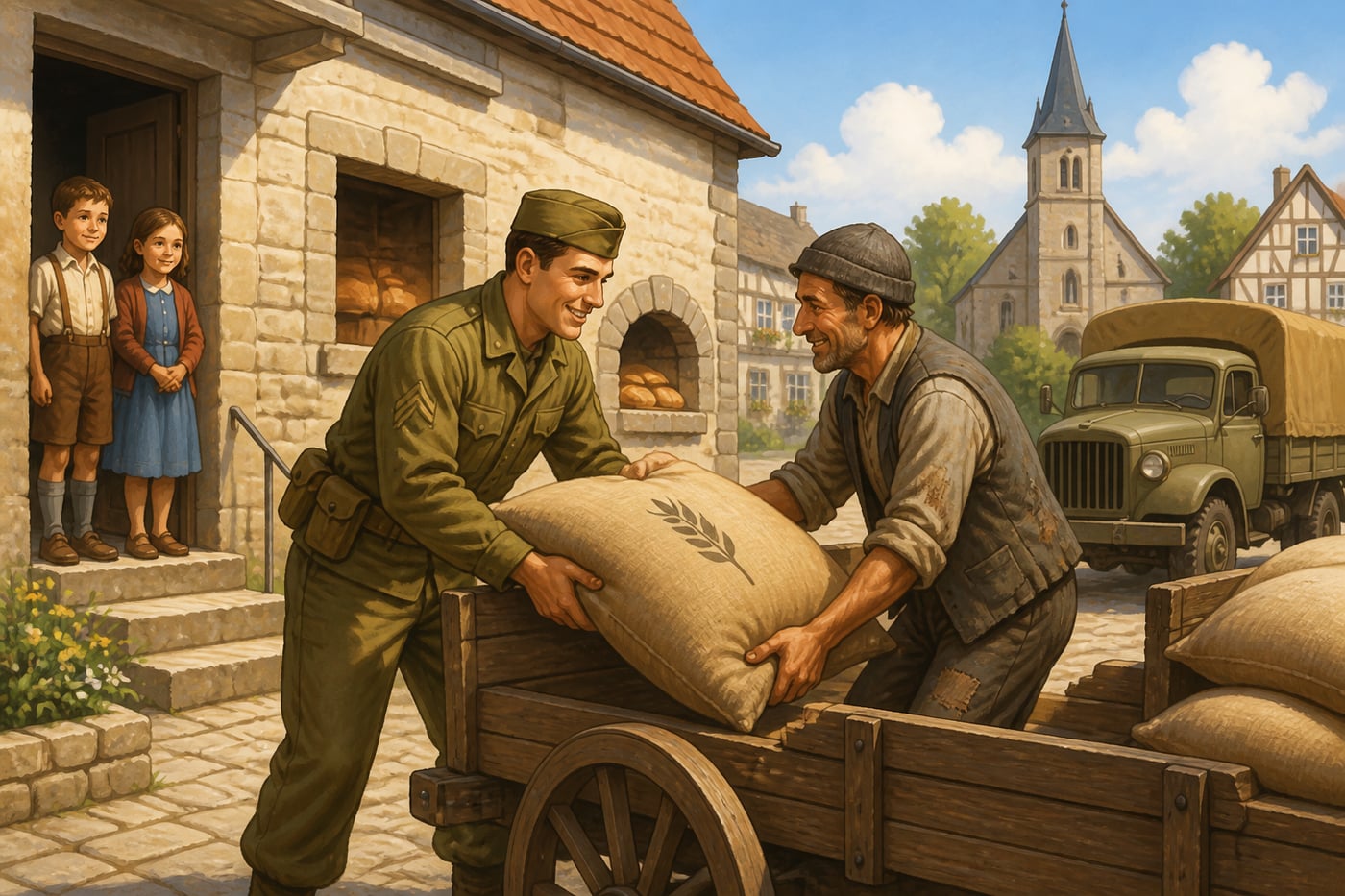 An American GI delivering Marshall Plan wheat to a German farmer in 1948 Bavaria