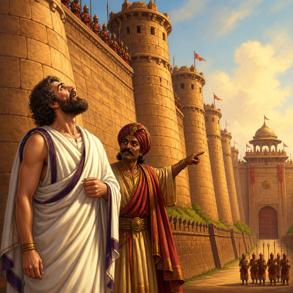 Megasthenes staring up at the seventy-foot walls of Pataliputra