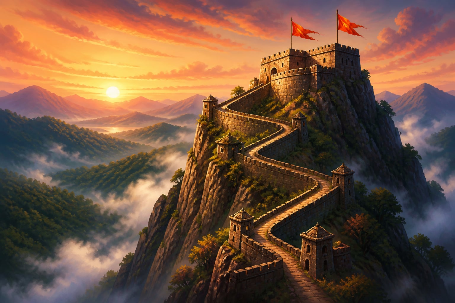 A parvata-durga mountain fort cut into a rocky Indian peak at dawn