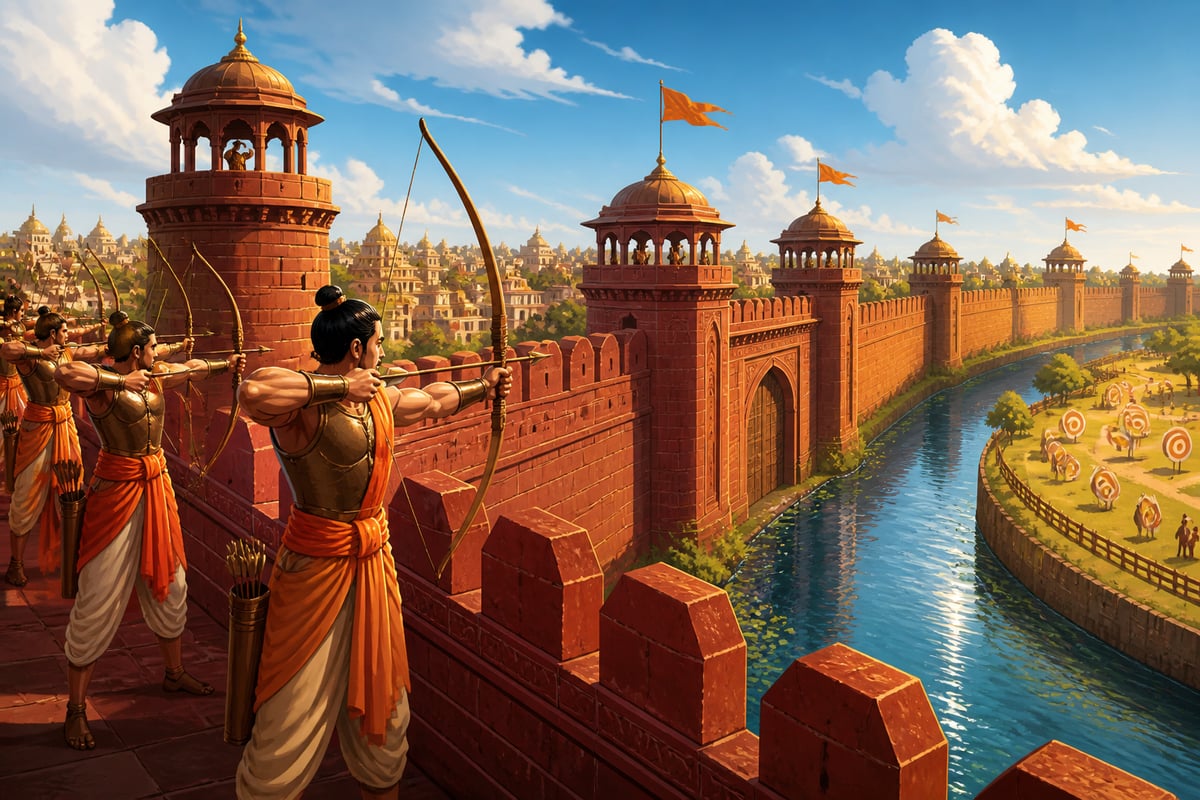 Mauryan archers and lookouts manning the walls of Pataliputra