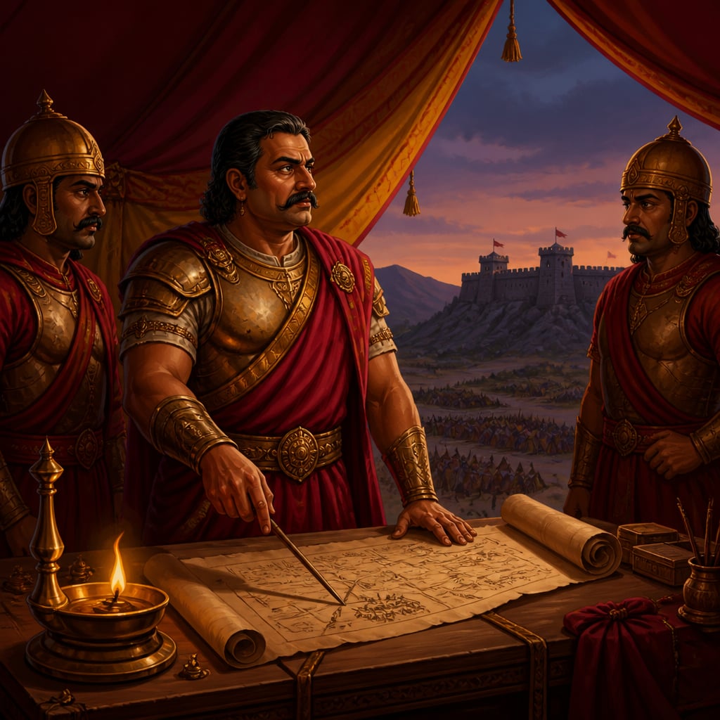 General Pushpamitra reading Kautilya's siege treatise in his command tent before Vidisha