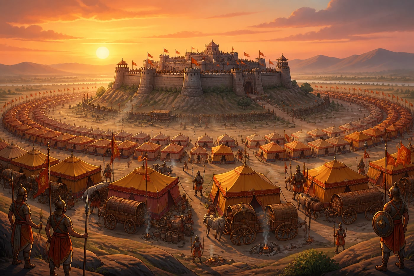 A Mauryan besieging army camp fully encircling a stone fortress at dawn