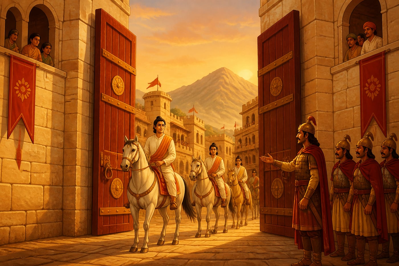 The gates of Taxila opening for Mauryan envoys without siege or assault