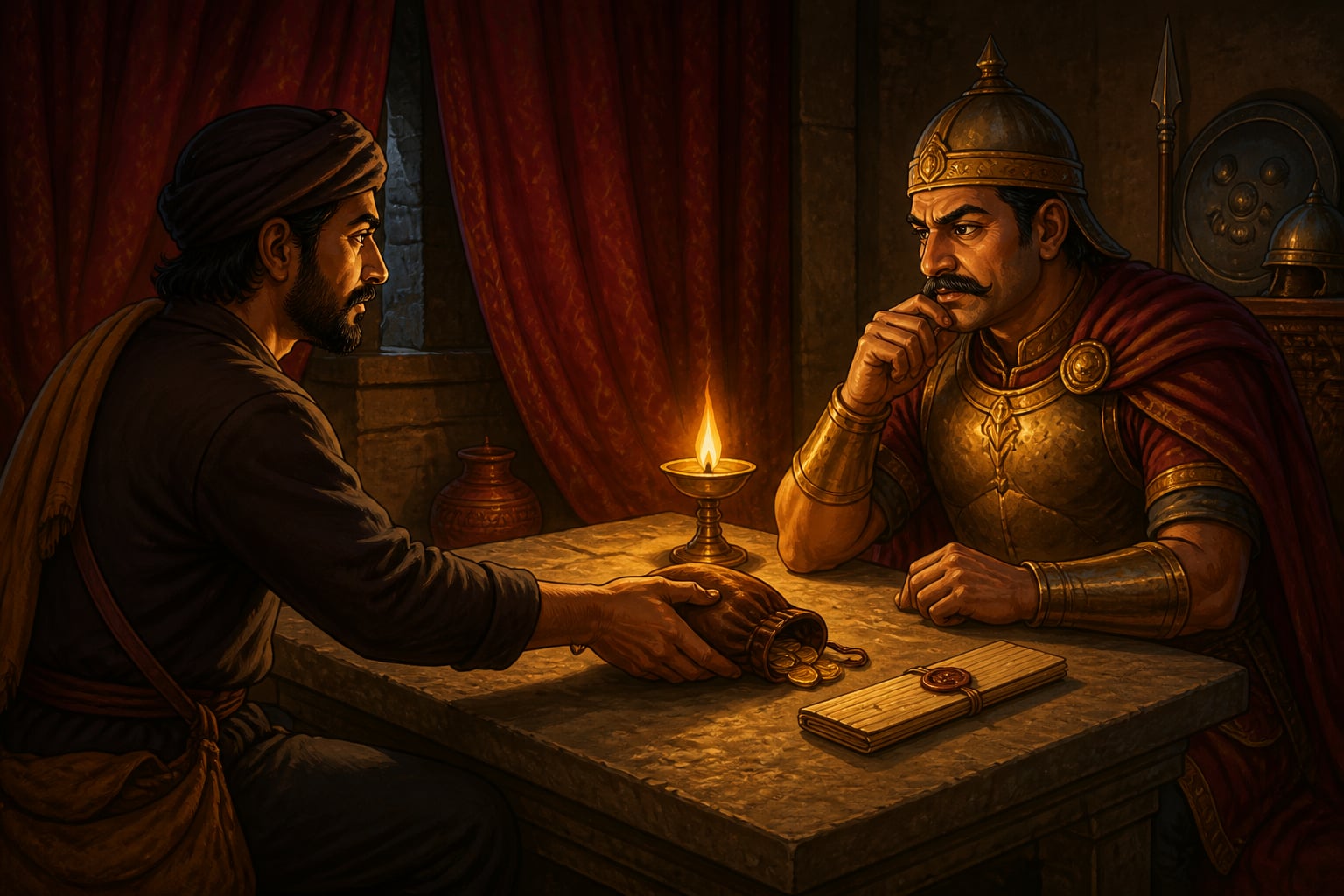 A Mauryan envoy in disguise bribing a fortress garrison captain at night