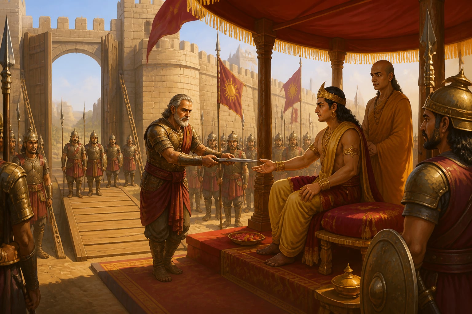 The Shravasti garrison commander surrendering his sword to Chandragupta