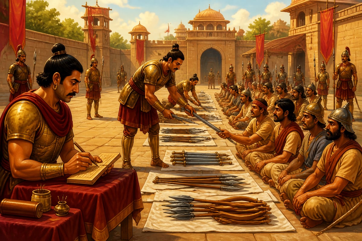 Mauryan officers systematically disarming the defeated garrison in the city courtyard