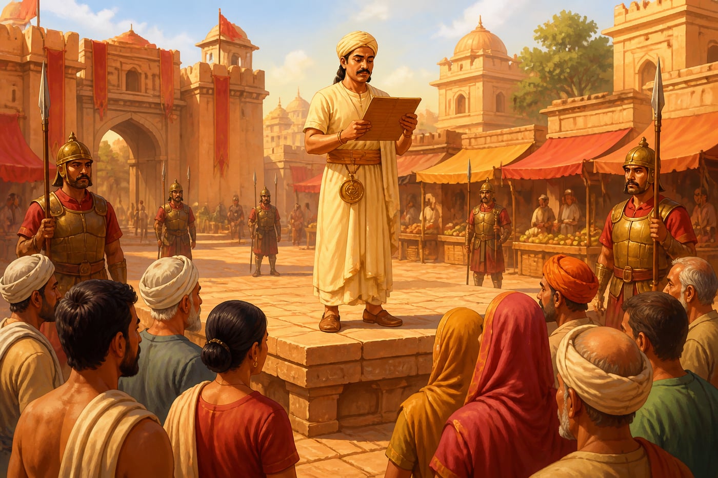 A Mauryan officer reading a proclamation to civilians in the conquered city square