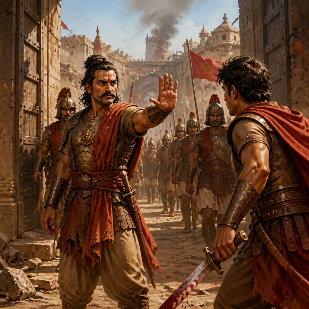 Commander Vishakhadatta in the breach stopping his lieutenant from plundering