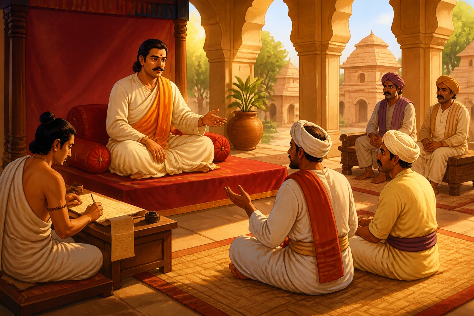 A Mauryan judge hearing a local property dispute in the court hall of Avanti