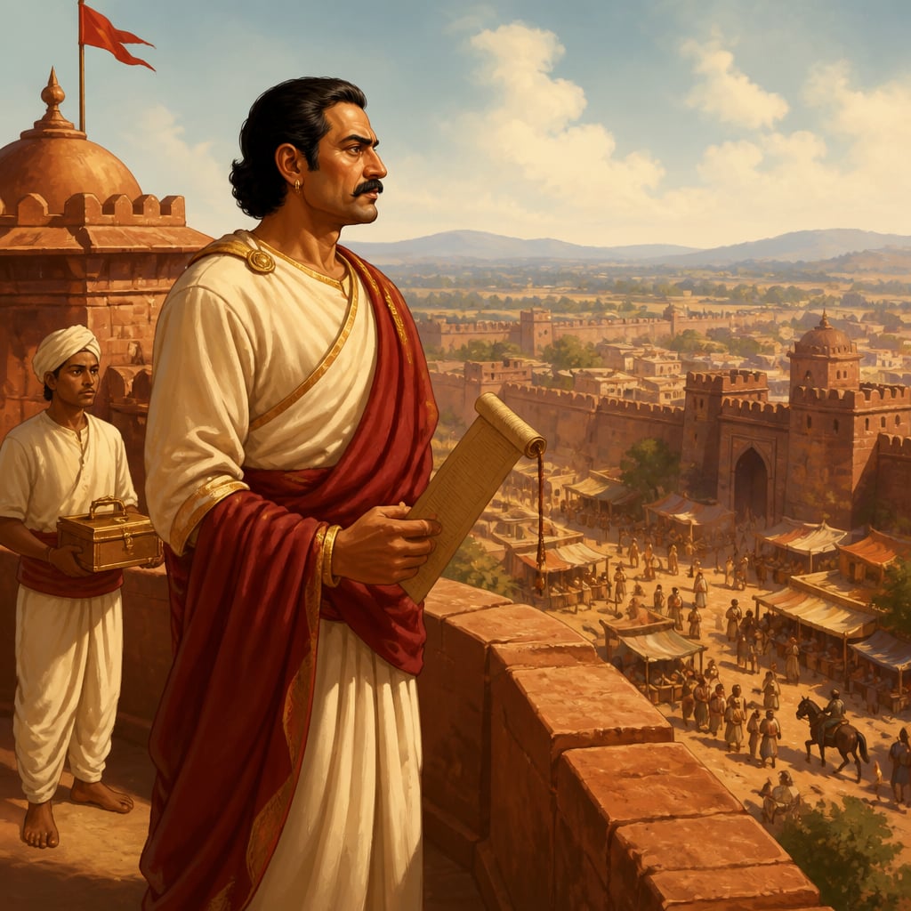 Radhagupta surveying the disordered city of Avanti from the citadel rampart
