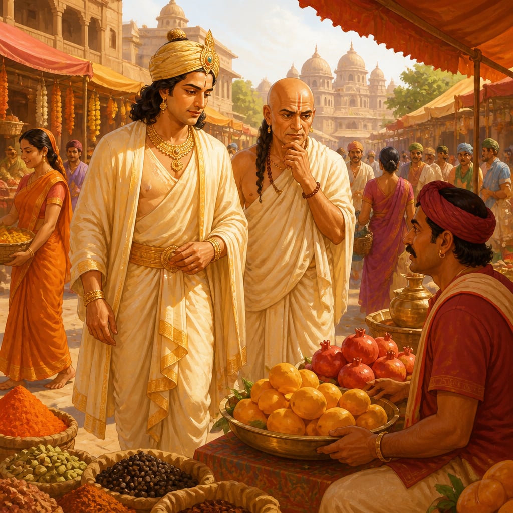 Chandragupta and Kautilya pausing before an Avantian fruit seller in the Pataliputra market
