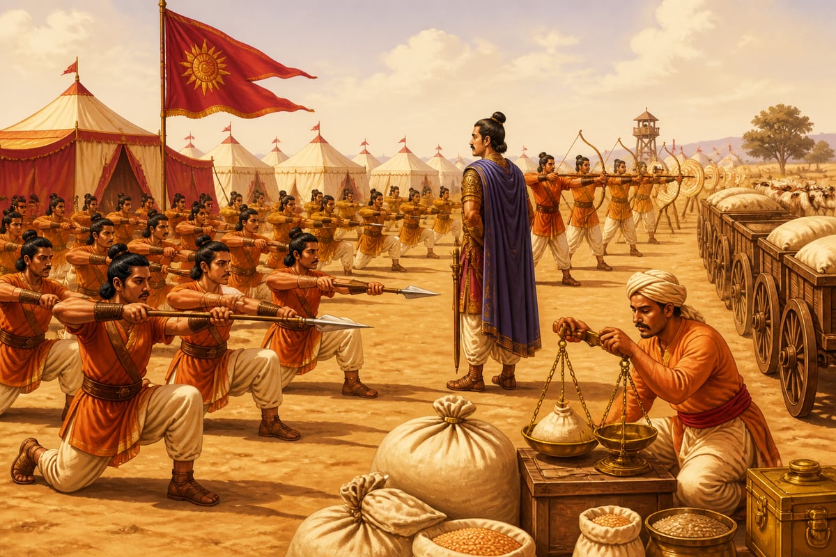 A Mauryan camp drilling and preparing during a strategic wait