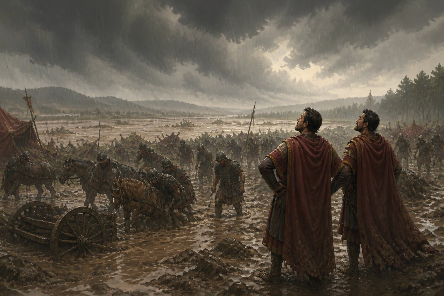 An invader army bogged down in monsoon mud