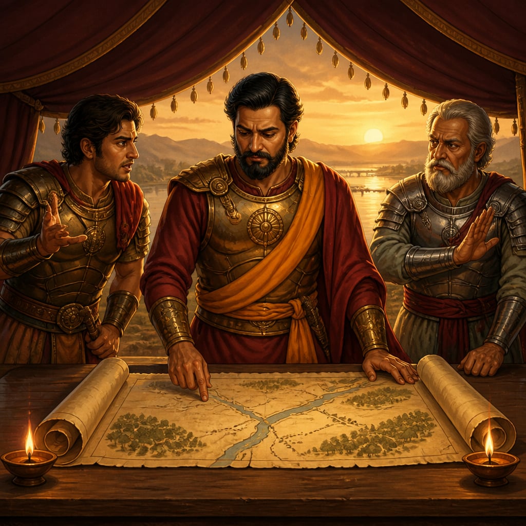 General Pushyamitra at the war council refusing the cavalry's call to fight
