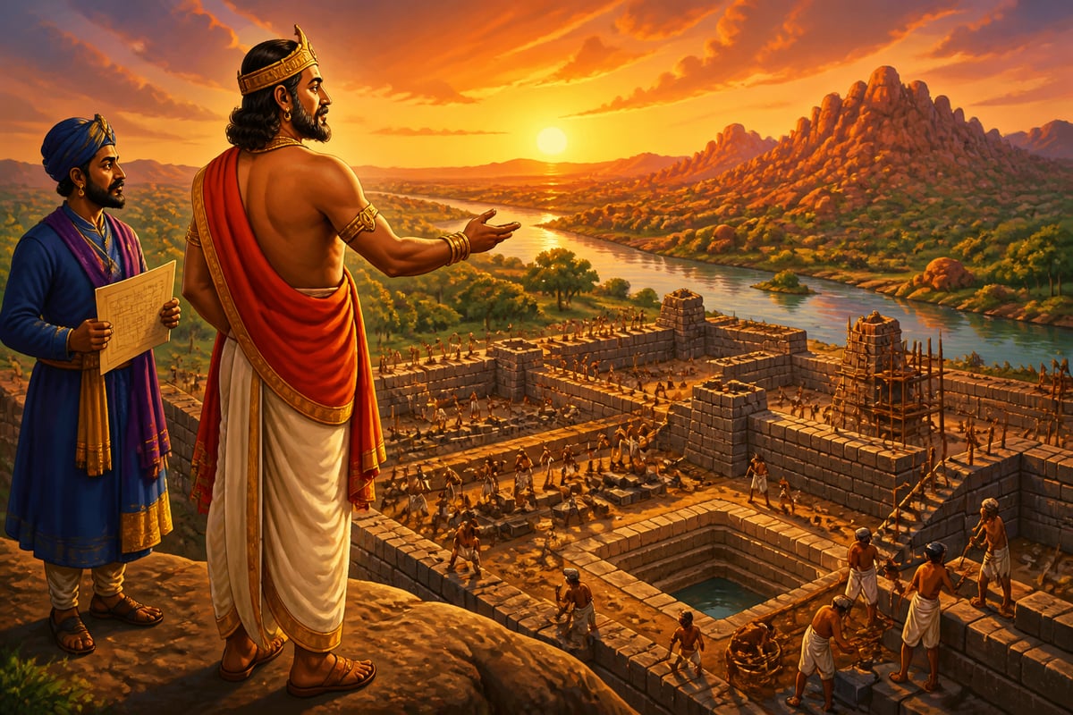 Harihara I overseeing the quiet construction of Vijayanagara above the Tungabhadra