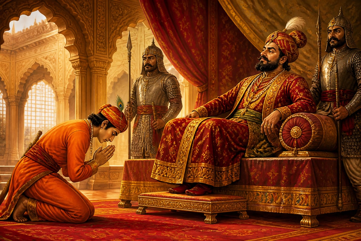 Young Shivaji bowing in apparent submission before a Mughal noble