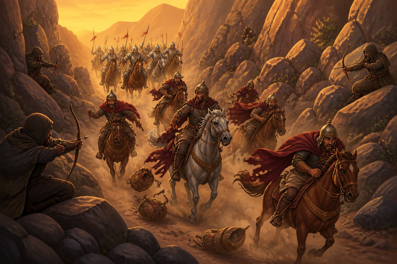 A feigned cavalry retreat luring pursuers into a hidden ambush in a narrow pass