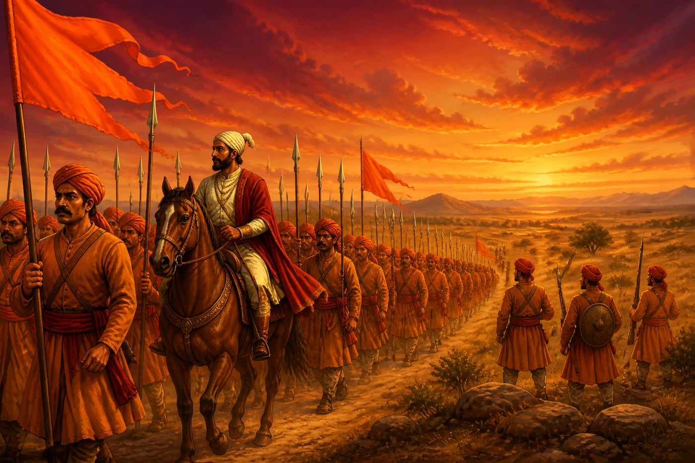 A Maratha army withdrawing in disciplined order at twilight