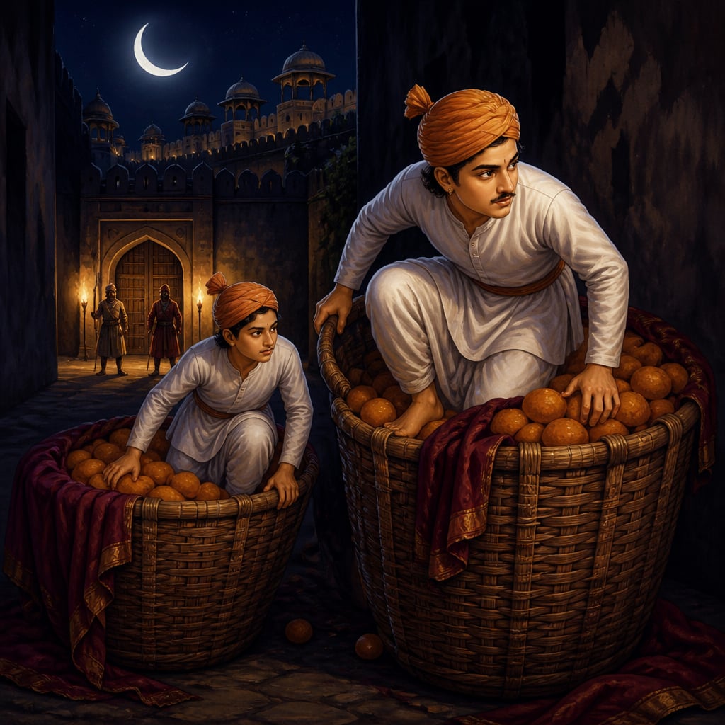 Shivaji escaping from Agra hidden in baskets of sweets at midnight