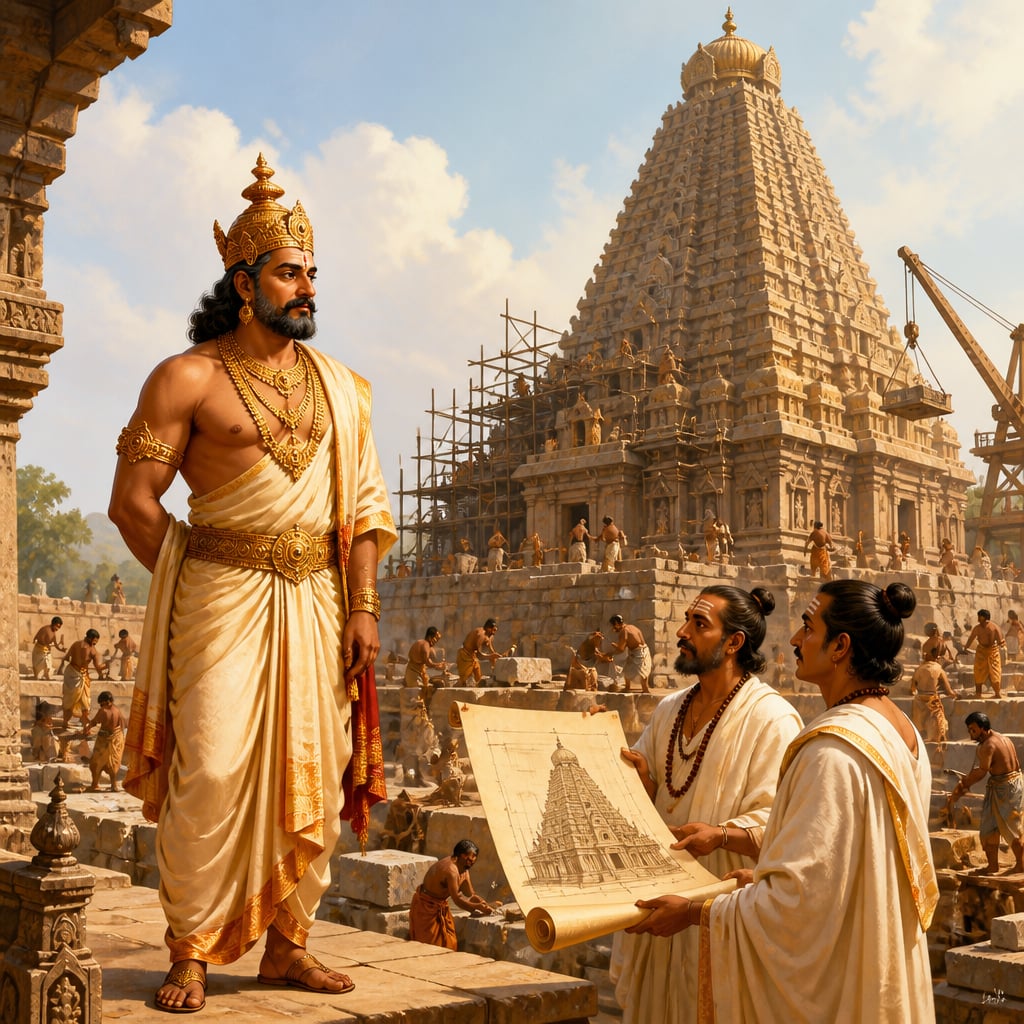 Raja Raja Chola I overseeing the construction of the Brihadeeswara Temple