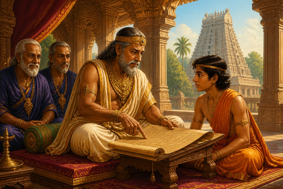An older Chola king training his successor son with palm-leaf registers