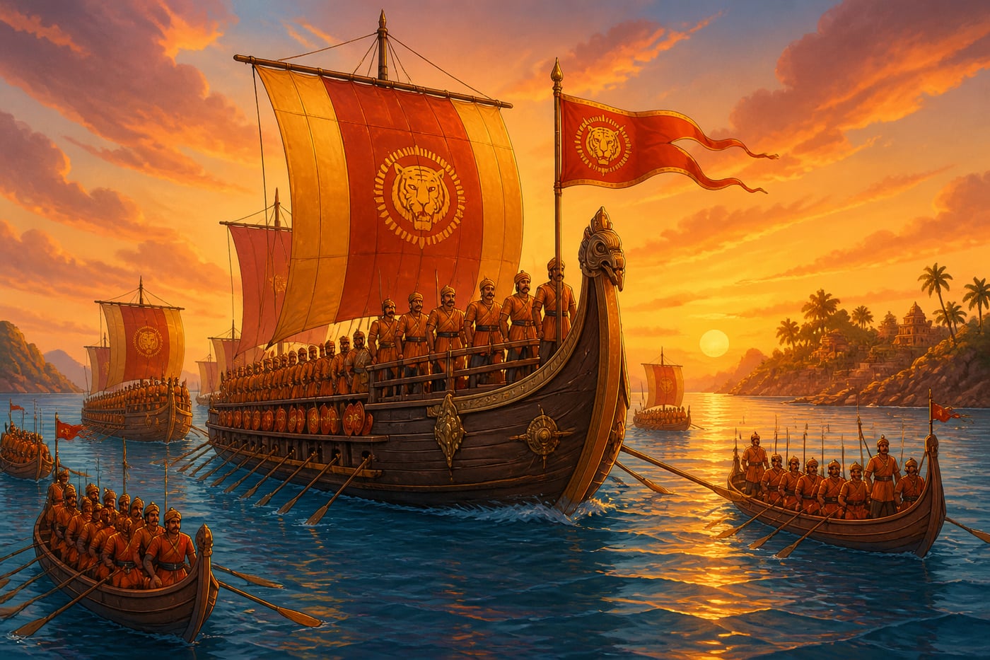 A Chola naval fleet at sea at sunset