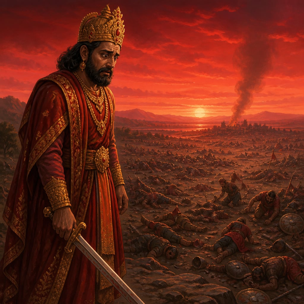 Ashoka standing in grief above the Kalinga battlefield at dusk