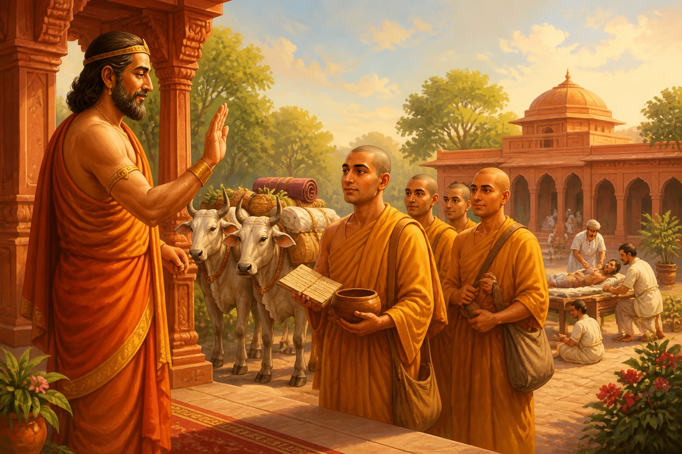 Ashoka blessing Buddhist missionaries setting off from his palace