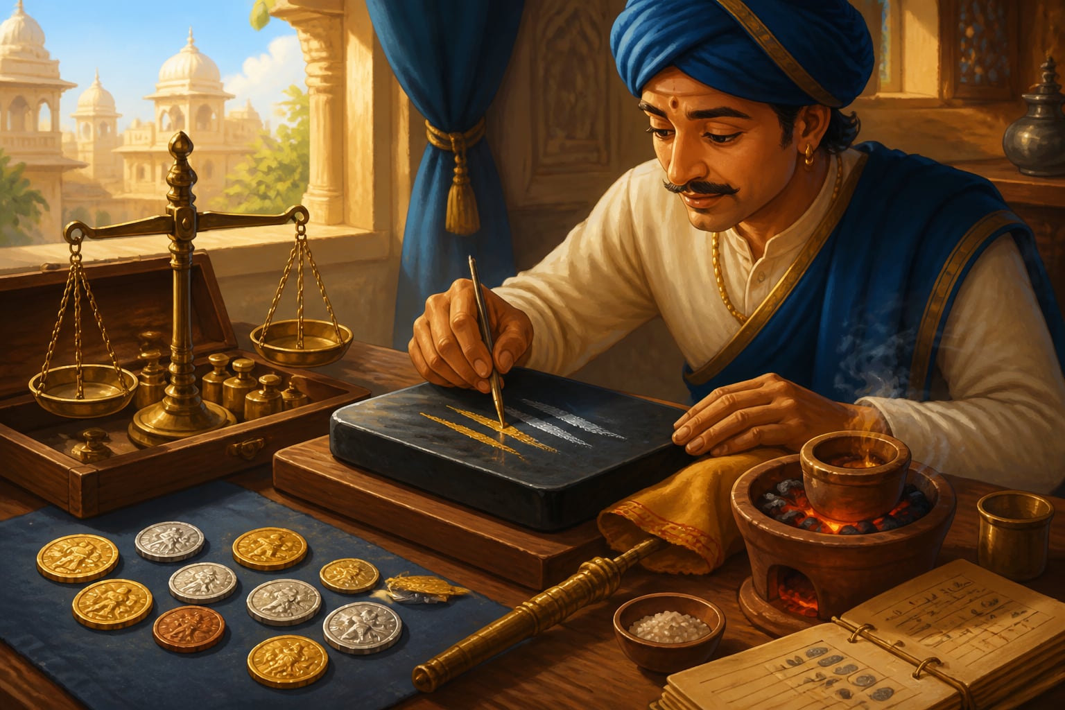 A Shroff's coin-testing workbench with touchstone and balance