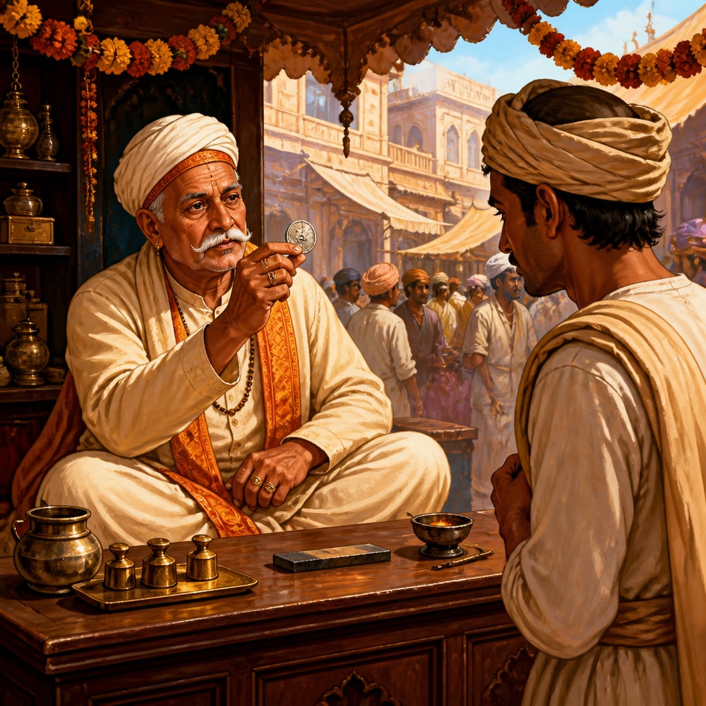 A Shroff pronouncing a Mughal coin counterfeit in a 1719 bazaar