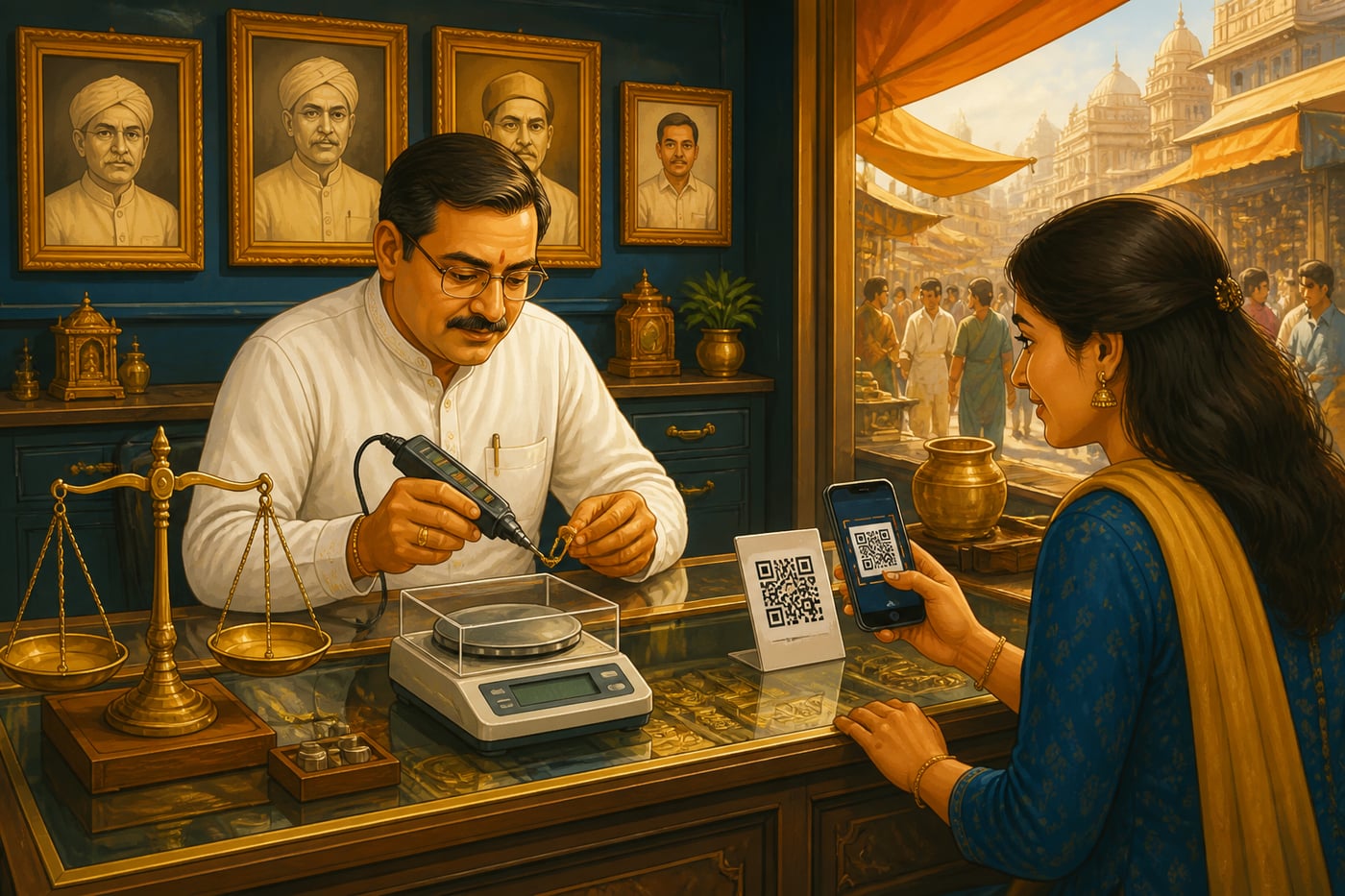 A modern Zaveri Bazaar assayer accepting a UPI payment