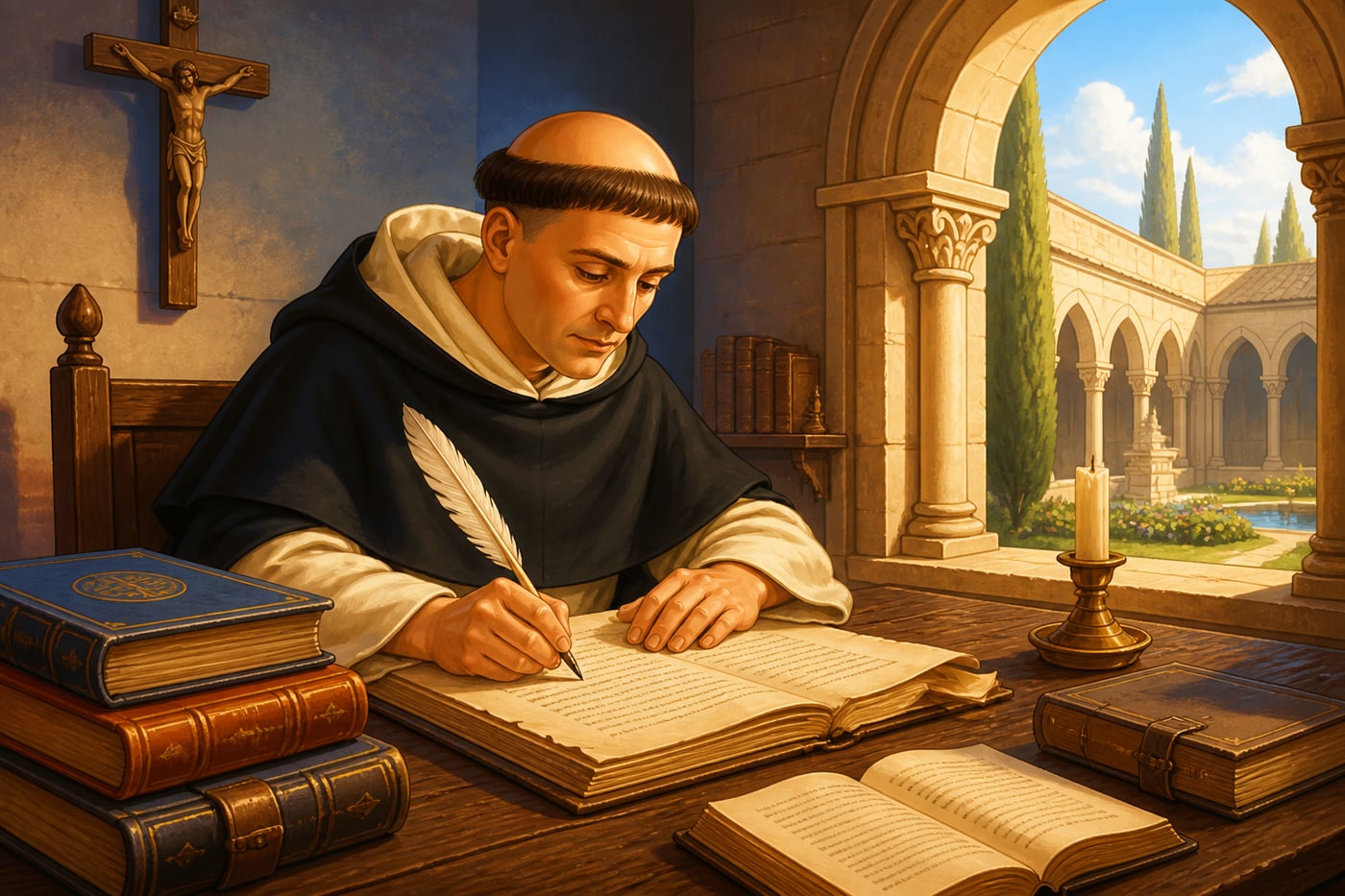 Thomas Aquinas drafting his treatise on usury in a monastery study