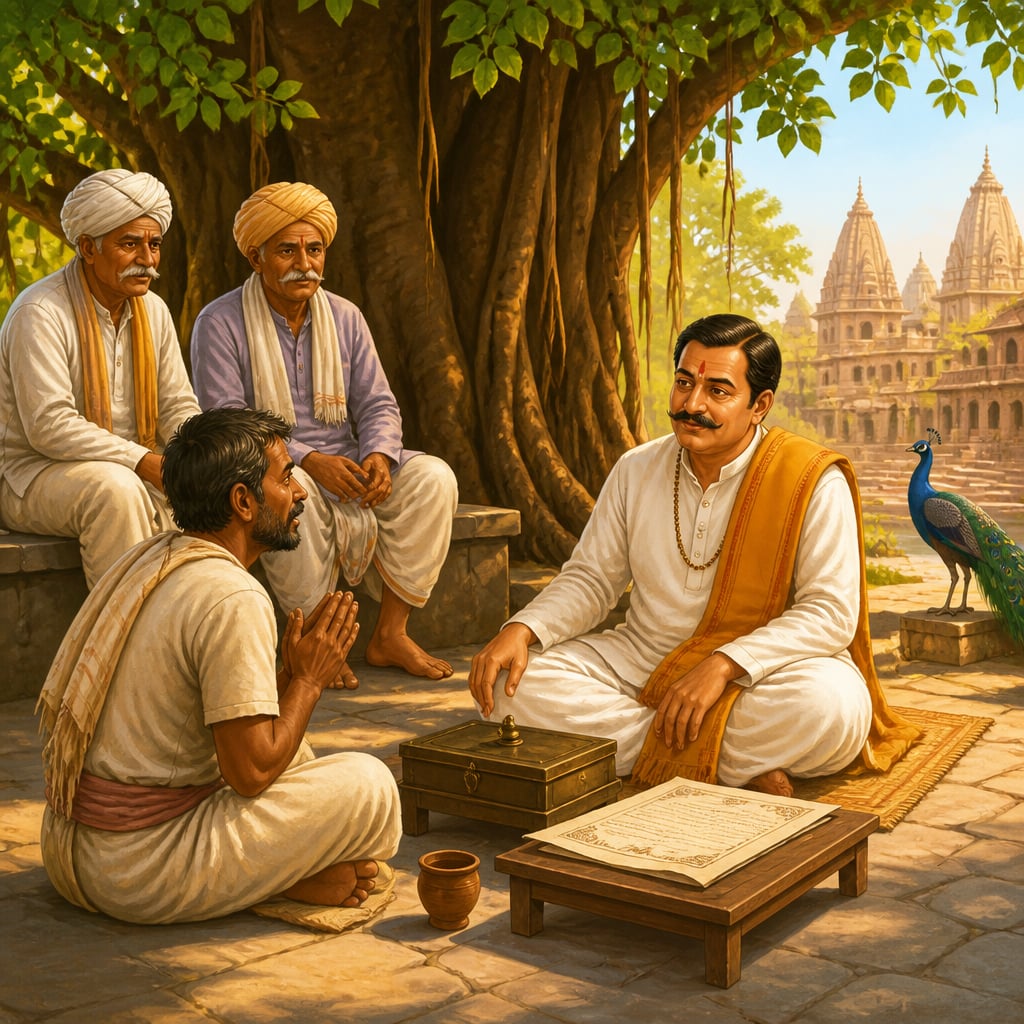 Sahukar Ramlal counseling farmer Govind under a Varanasi banyan