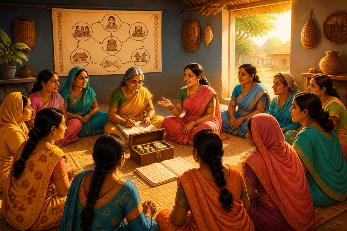 Indian self-help-group women pooling savings in a community circle