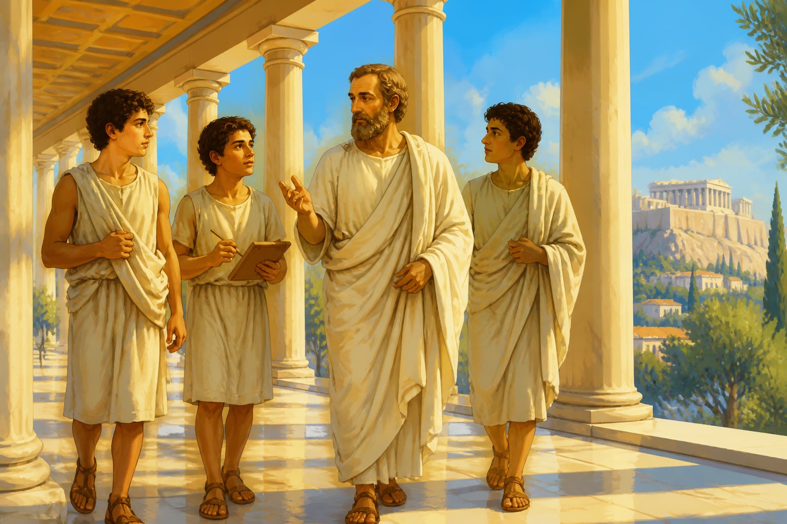 Aristotle discussing money and interest at the Athenian Lyceum