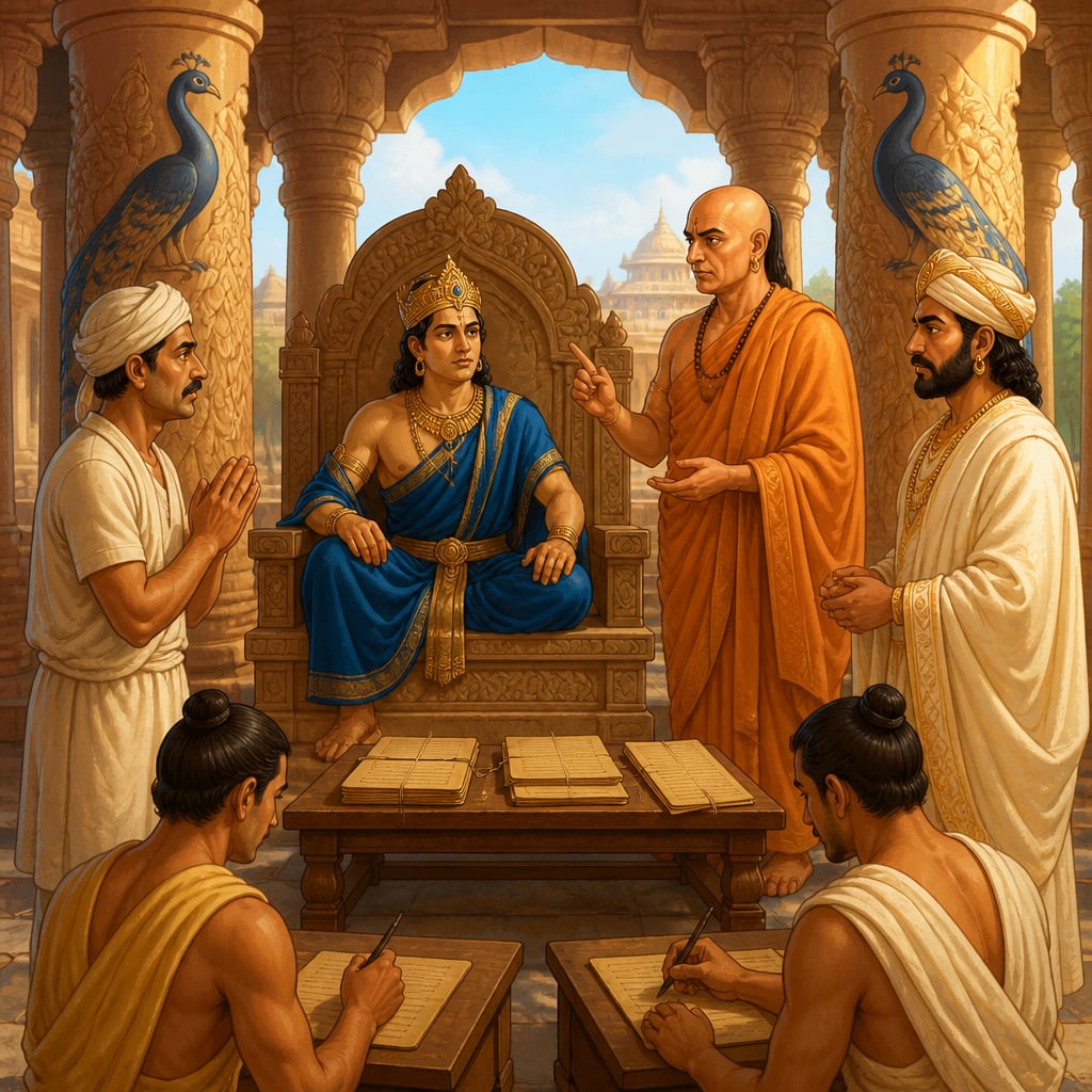 Kautilya delivering a money-lending ruling in Chandragupta's court