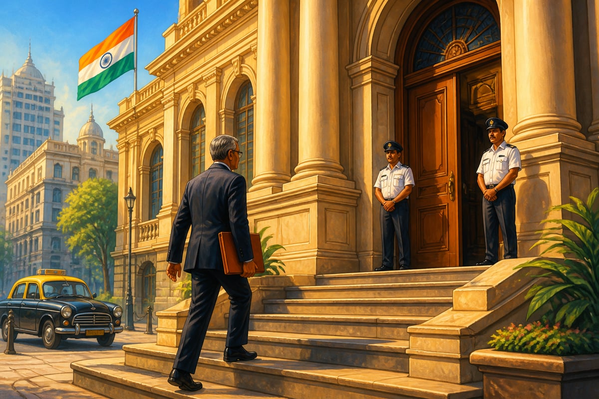 A central banker entering the Reserve Bank of India headquarters