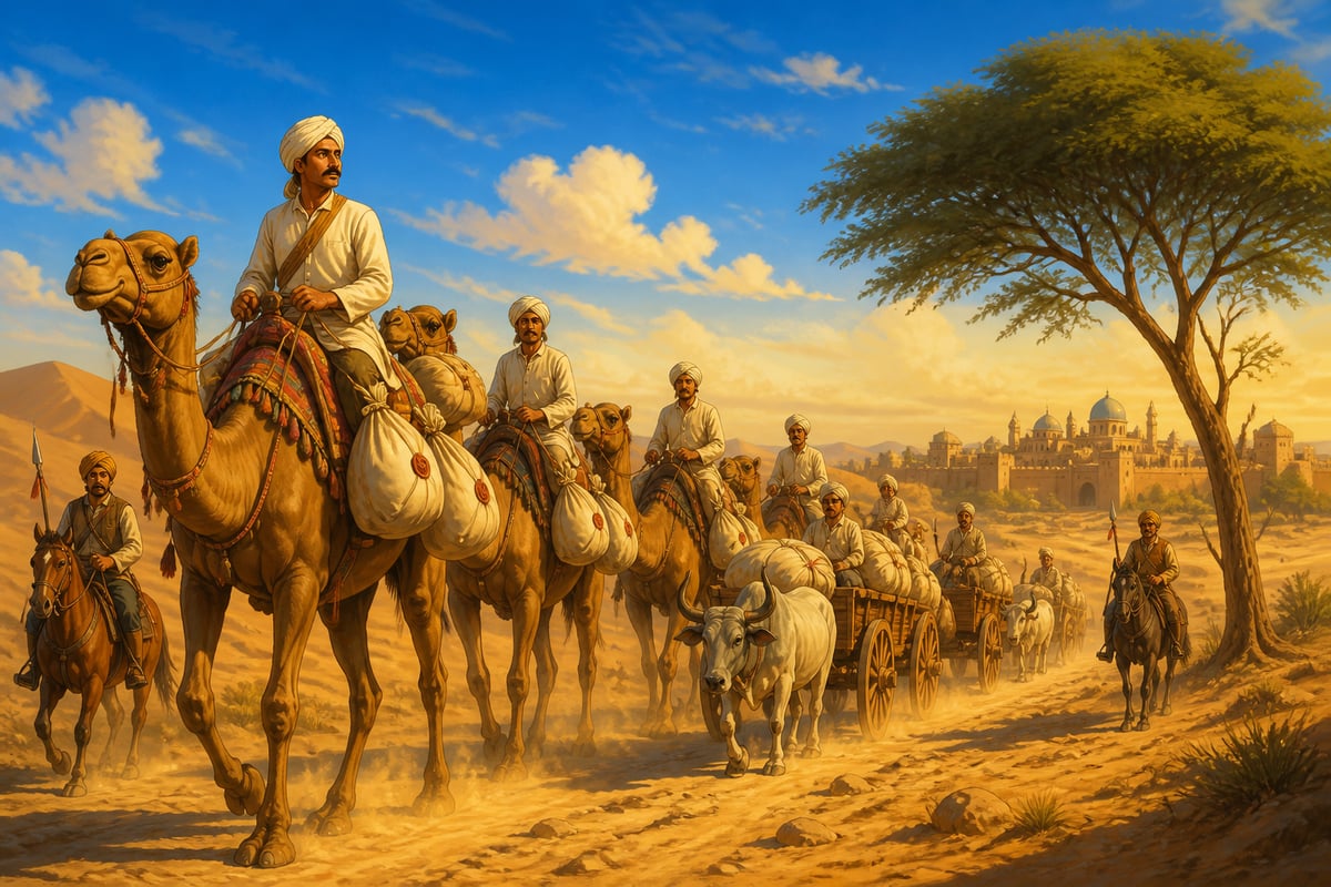 A Marwari trading caravan crossing desert routes with hundis aboard
