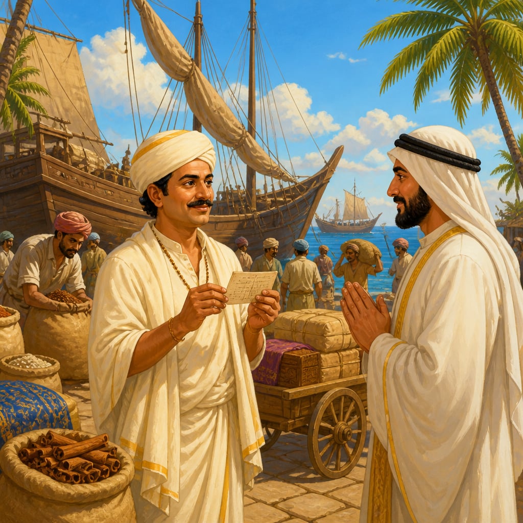 Gujarati merchant Vallabhdas with a hundi at Surat port in 1680