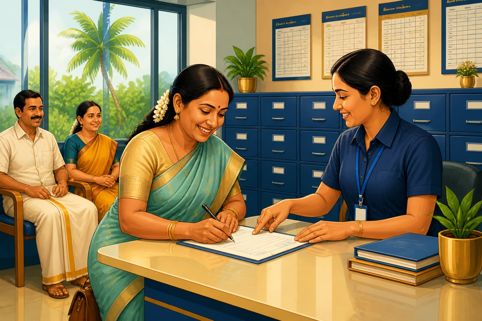 A modern Kerala chit-fund branch serving a small saver