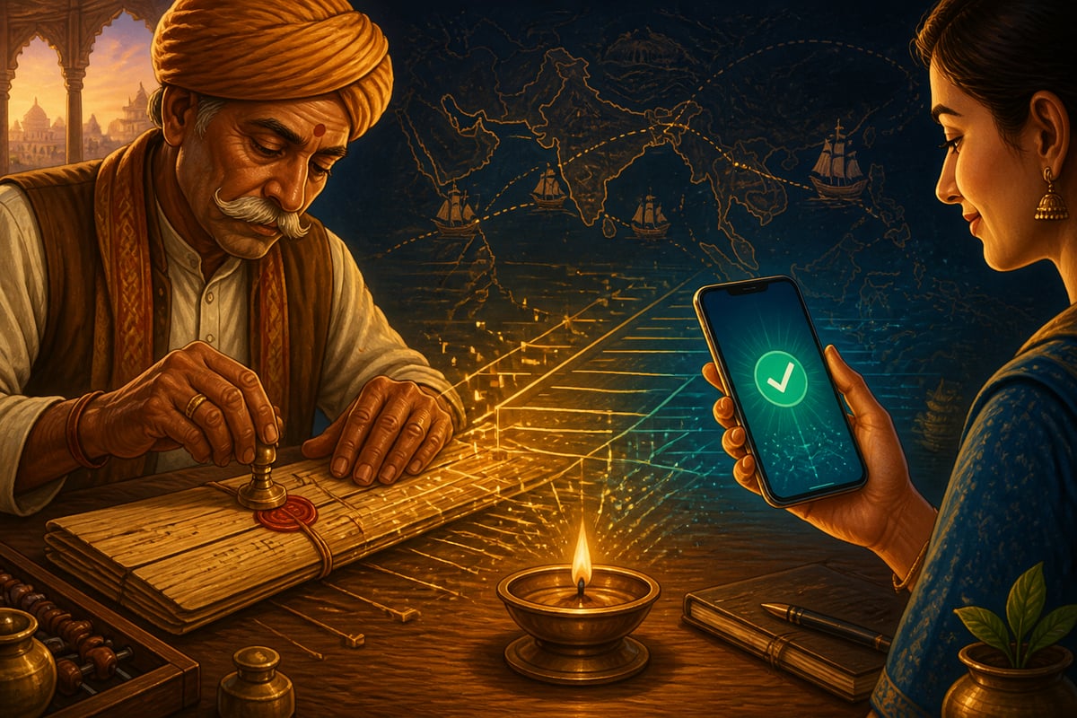 Ancient hundi seal dissolving into a modern UPI confirmation