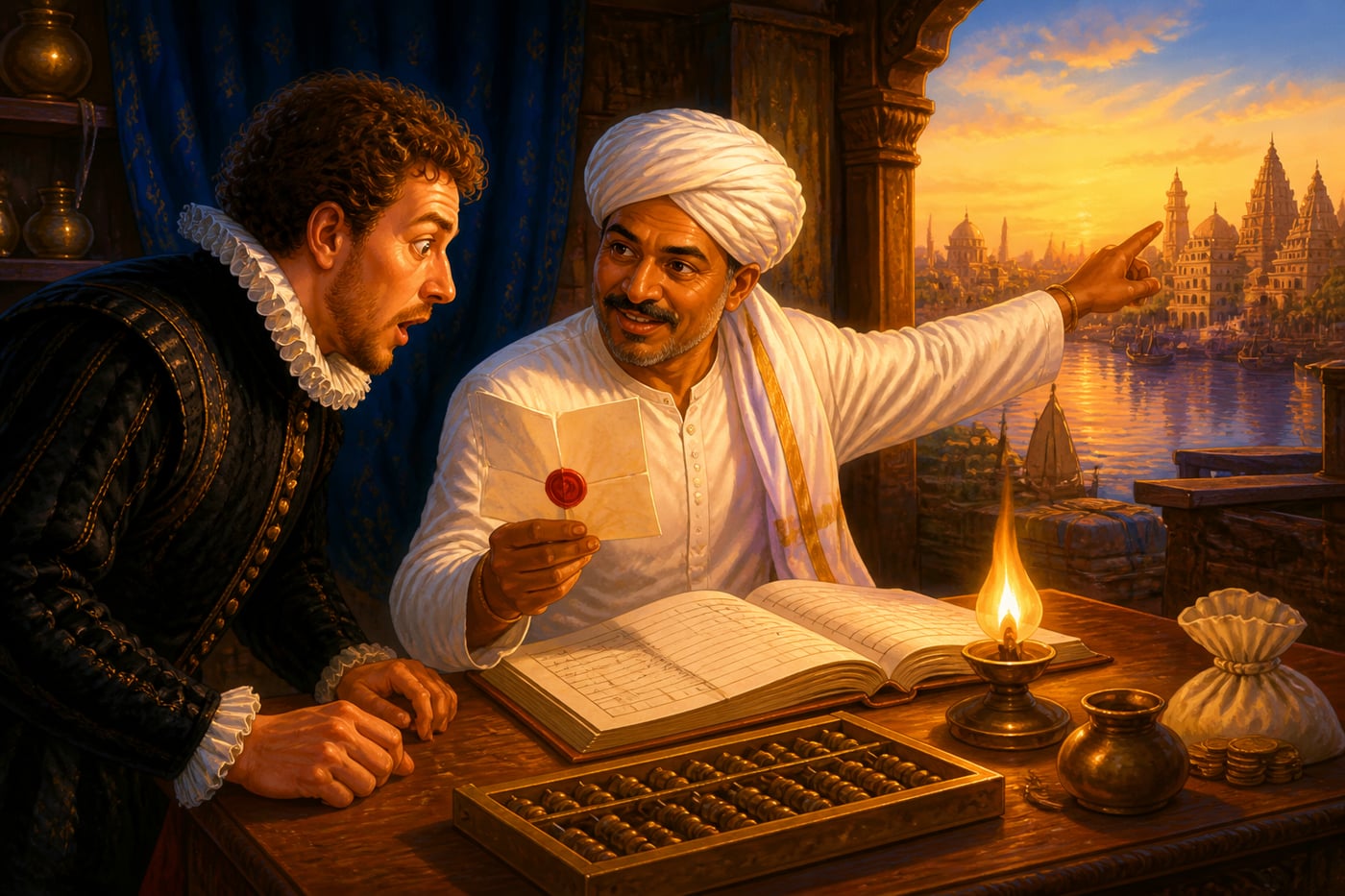 A Dutch trader astonished by an Indian merchant's hundi at a lamp-lit gaddi