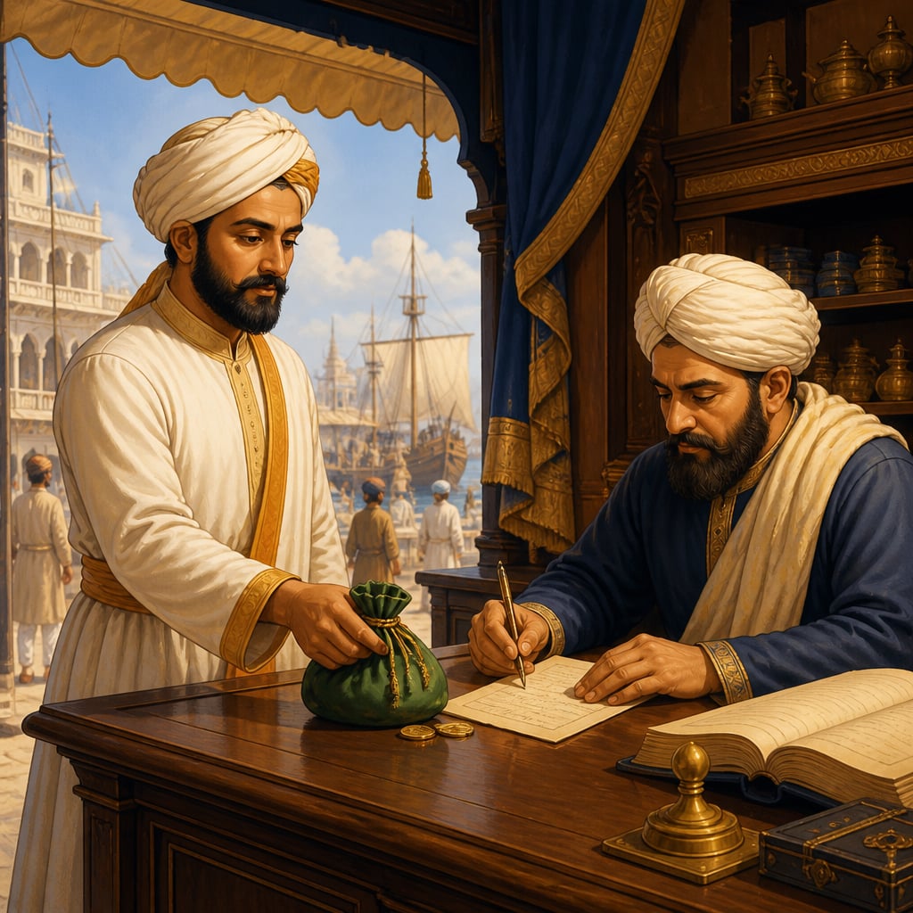 Virji Vohra exchanging a gold pouch for a hundi at a Surat Shroff's gaddi