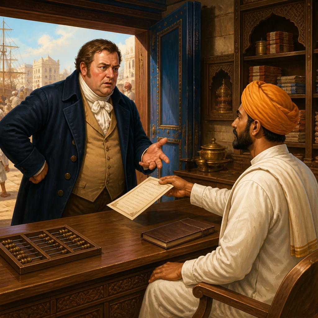 John Forbes receiving a Darshani hundi from Narsidas at a Bombay gaddi