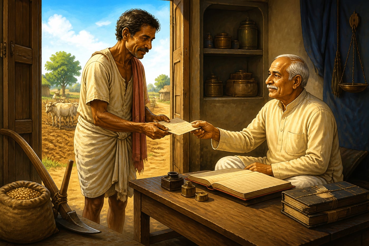 A village Shroff handing a farmer a Muddati hundi at sowing time